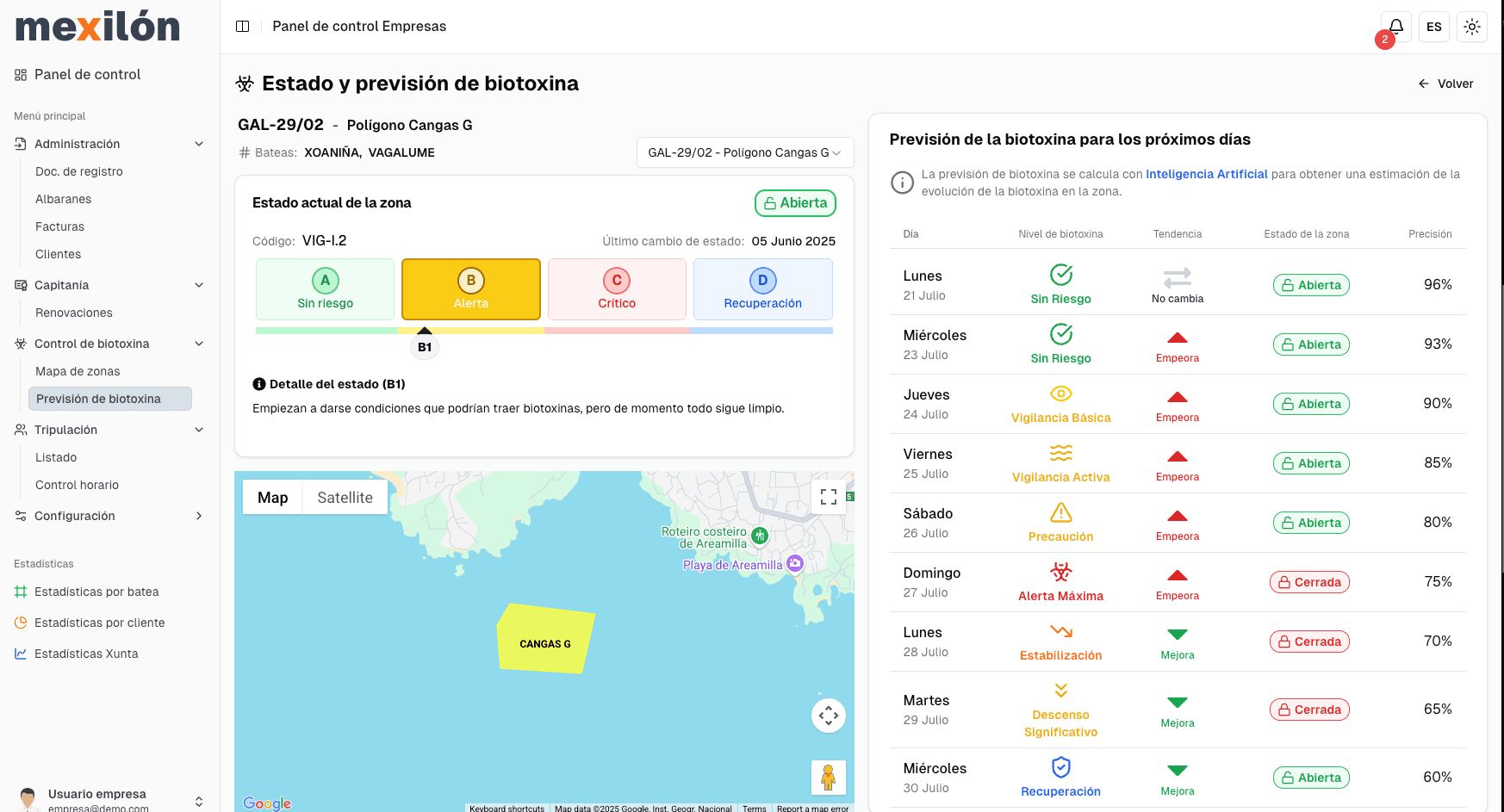Vista de escritorio de Inteligencia Artificial para Biotoxina en Mexilón