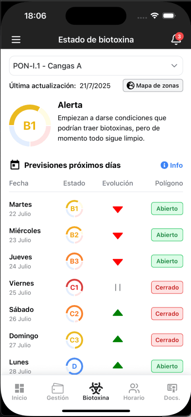 Vista móvil de Inteligencia Artificial para Biotoxina en Mexilón
