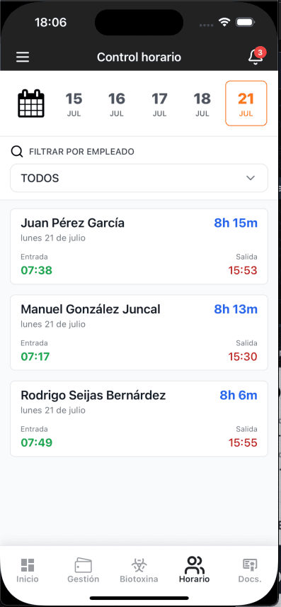 Vista móvil de Control Horario en Mexilón