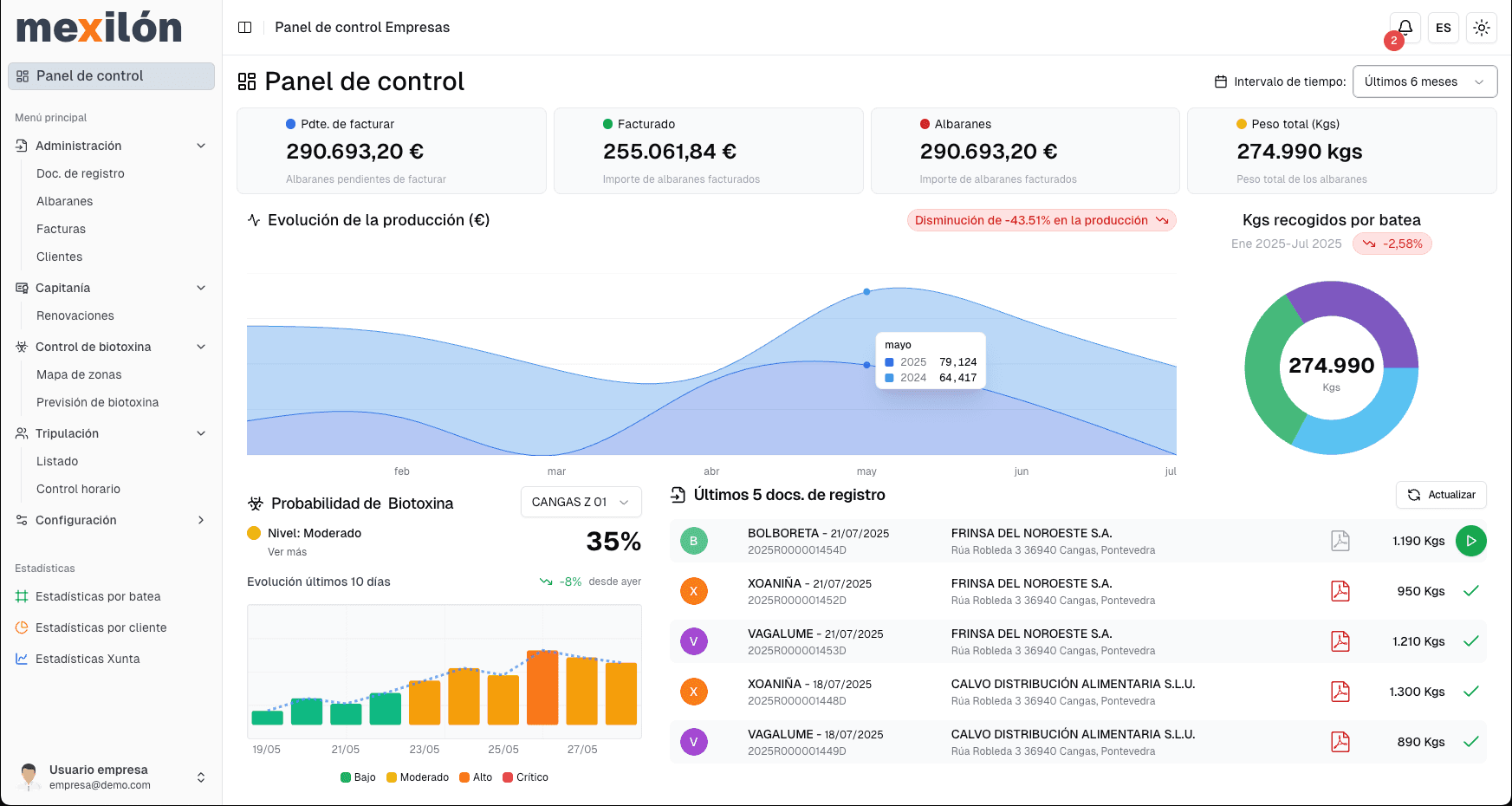 Vista de escritorio de Gestión facturas y albaranes en Mexilón