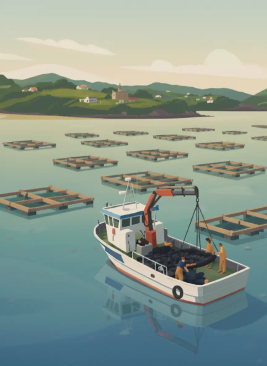 Ilustración de bateas en una ría gallega con un barco izando mejillón y un pueblo en la costa